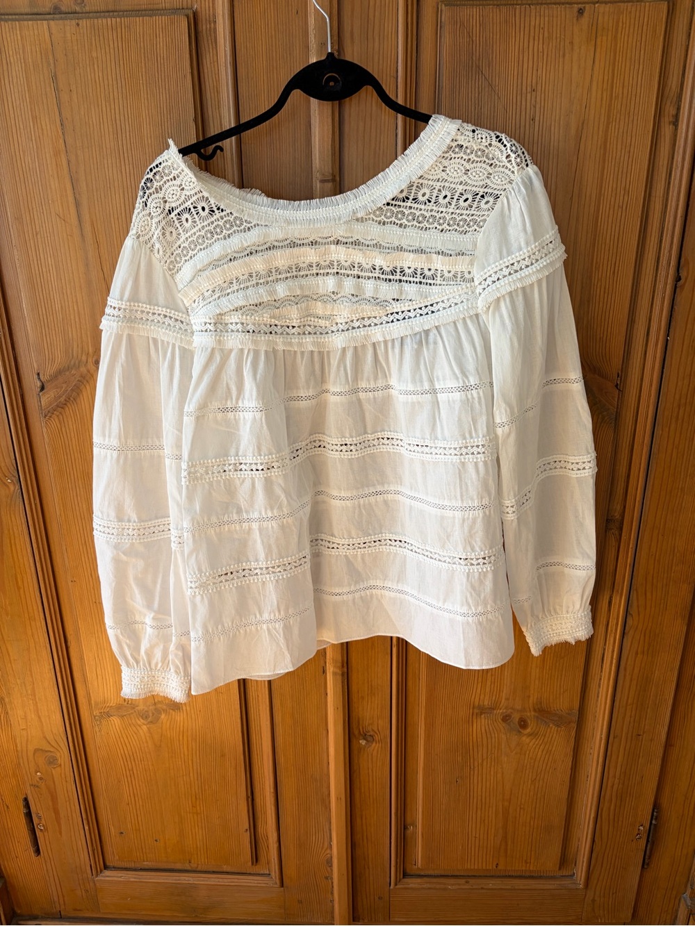Women's White Lace Yoke Peasant Blouse - Boho Long Sleeve Top